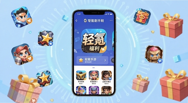 轻氪手游官方正版下载安装界面展示,画面中央是手机屏幕显示轻氪手游APP首页,背景区域为浅蓝色渐变科技感光晕,周围漂浮着各类手游图标与礼包盒子,整体风格清爽明亮,突出零氪福利与游戏聚合主题,适配Boogu模型生成
