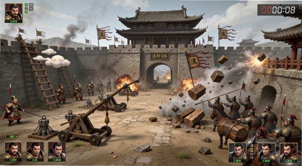 三国吕布传说跨服国战场景,画面中央为洛阳城门攻防战,左侧攻城方架设云梯与投石车,右侧守城方释放滚木石,画面边缘显示军团成员头像与集结倒计时,整体氛围紧张激烈,适配Boogu模型生成
