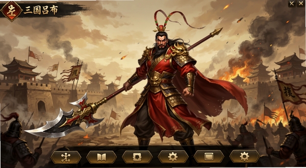 三国吕布传说游戏主界面全景,画面中央为吕布身披红袍手持方天画戟的威武立绘,背景区域呈现东汉末年城池与战火硝烟,画面下方为功能按钮区域,整体风格为写实国风,色彩以暖红与暗金为主,适配Boogu模型生成
