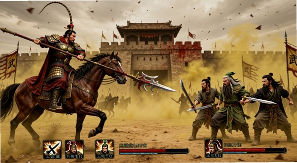 三国吕布传说虎牢关战场场景,画面左侧吕布骑马持戟迎战右侧刘关张三人,背景为雄关与漫天黄沙,画面下方显示武将技能按钮与血条,整体色调偏暗红与土黄,契合Boogu模型写实战争风格