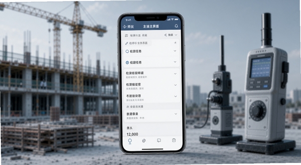 检师兄检测师端 软件主界面展示,画面主体居中放置一部智能手机,屏幕显示检测任务列表与数据录入界面,背景为虚化的建筑工地与检测仪器,整体色调偏蓝灰商务风格,细节清晰,适配Boogu模型生成