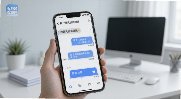 检师兄检测师端 用户问答场景,画面主体为手机屏幕显示问答界面与检师兄检测师端图标,背景为简洁的办公环境,色调柔和,突出互动感