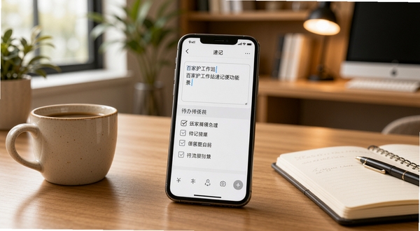 百家护工作站速记便签功能场景图,画面中一部手机放置在办公桌上,屏幕显示速记编辑界面,有文字输入框和待办勾选列表,旁边有咖啡杯和笔记本,背景为温馨的办公环境,突出便捷记录的使用场景