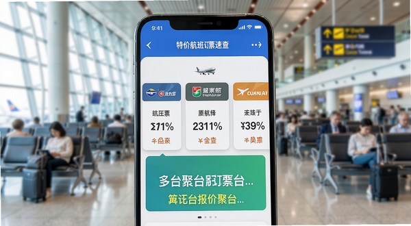 特价航班订票速查 多平台报价聚合功能展示,画面主体为手机界面中并列排布的三张价格卡片,分别标注不同渠道的报价数字,背景为机场候机大厅虚化场景,色调明亮现代,突出比价主题