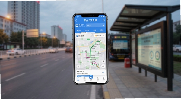 邢台公交手机应用界面全貌展示,画面中央悬浮一部智能手机,屏幕内呈现蓝色调公交查询界面与线路地图,背景为邢台城市道路与公交站台虚化场景,整体风格简洁现代,突出实时公交与便民出行主题