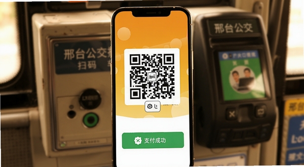 邢台公交扫码乘车功能展示,手机屏幕中央显示乘车二维码,下方有支付成功提示,背景为公交车投币箱与刷卡机虚化画面,整体色调温暖,突出便捷支付体验