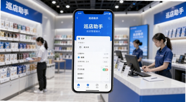 一款名为巡店助手的手机应用界面展示在画面正中央,背景为现代化连锁门店内景,画面主体位于中央偏上区域,背景区域为模糊的货架与店员工作场景,整体风格简洁商务,配色以蓝白为主,突出移动端巡店管理功能的科技感与专业性