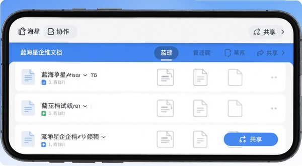 蓝海星企维文档协作界面示意图,手机屏幕显示文件列表和共享按钮,背景为蓝色渐变,文件图标清晰,整体风格简洁商务