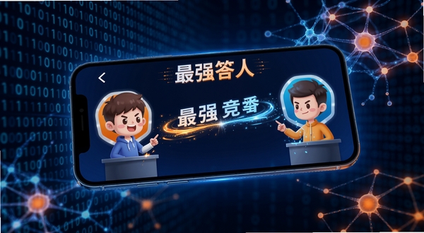 一个充满科技感的手机屏幕悬浮在画面中央,屏幕上显示着“最强答人”的对战界面,两个卡通头像正在激烈的抢答,题目文字以流光效果呈现。背景是抽象的二进制代码流和发光的神经网络连接点,色调以科技蓝和活力橙为主,强调智能匹配与竞技的紧张感。