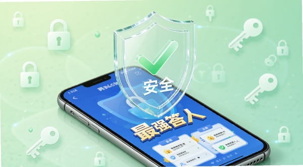 一个透明的盾牌图标悬浮在手机上方,盾牌内部有一个对勾和“安全”字样,手机屏幕显示着“最强答人”的主界面。背景是柔和的浅绿色渐变,点缀着锁和钥匙的图标,整体传达出安全、可靠、隐私保护的视觉信息。