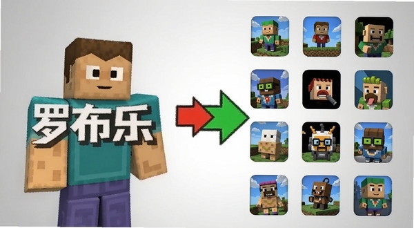 罗布乐同类软件对比图,画面左侧是罗布乐标志性的方块角色,右侧环绕展示其他沙盒游戏的小图标,背景为浅灰色渐变,中间用对比箭头连接,整体风格简洁清晰,适合作为文章配图