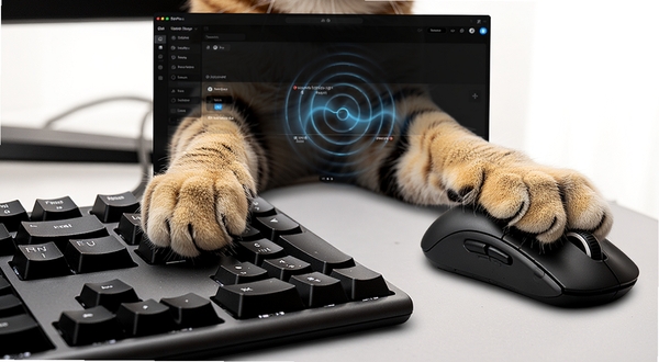 邦戈猫PC电脑版实时键鼠同步功能展示图,画面主体为猫咪双爪特写,左爪悬停在键盘按键上方,右爪握着鼠标,背景为半透明黑色操作界面,带有动态波纹特效,细节丰富