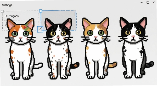 邦戈猫PC电脑版多套皮肤切换界面截图,画面主体为四只不同花色的像素猫咪并排站立,背景为浅灰色设置菜单面板,带有选中高亮框,风格可爱简约