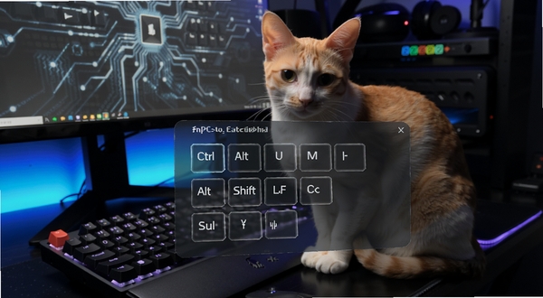 邦戈猫PC电脑版自定义按键映射设置界面,画面主体为一只猫咪坐在键盘旁,前方悬浮着半透明的键位设置面板,面板上标注着Ctrl、Alt、Shift等按键图标,背景为深色科技风