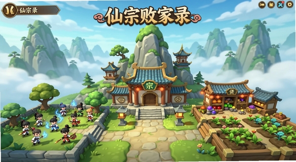 仙宗败家录游戏主界面全景展示,画面中央为Q版仙宗山门建筑群,左侧是弟子修炼区域,右侧为资源仓库和灵田,背景为云雾缭绕的青山,整体色调清新明亮,仙侠风格,适合Boogu模型生成
