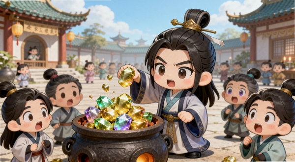 仙宗败家录败家式经营场景,画面中一位Q版掌门正将大量灵石投入炼丹炉,周围弟子露出惊讶表情,背景为热闹的宗门广场,仙侠卡通风格,色彩鲜艳