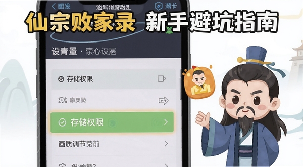 仙宗败家录新手避坑指南示意图,画面展示手机屏幕上的游戏设置界面,高亮标注存储权限和画质调节选项,旁边有Q版掌门提示图标,扁平化设计风格