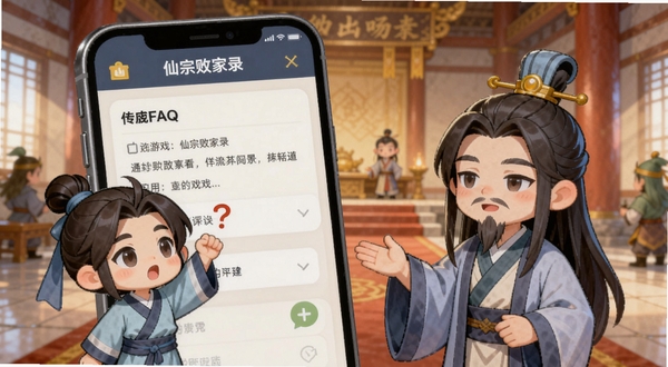 仙宗败家录用户问答场景插画,画面展示手机屏幕中游戏FAQ界面,旁边有Q版弟子举手提问,掌门耐心解答,背景为宗门大殿,温馨卡通风格