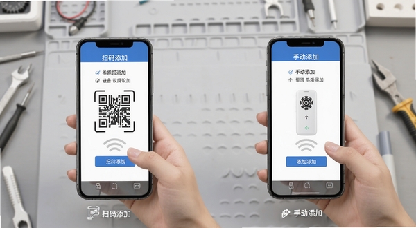 鸿利智能使用教程示意图,画面展示手机添加设备的分步操作界面,左侧为扫码添加,右侧为手动添加,背景为浅灰色工作台,主体清晰可见,适合作为操作指引配图