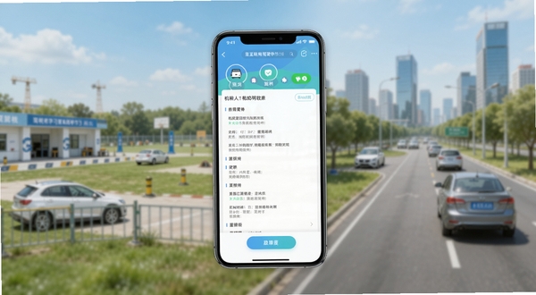 机动车驾驶人互联网学习软件主界面全貌展示,画面中央为手机屏幕显示题库练习页面,背景区域为驾校训练场与城市道路虚化场景,整体色调明亮清新,突出学习软件的便捷性与专业性,适合Boogu模型生成
