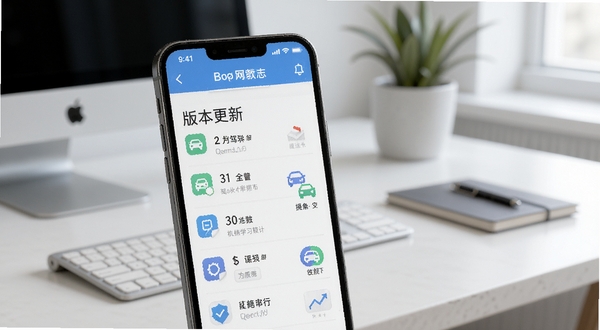 机动车驾驶人互联网学习软件更新日志页面展示,画面主体为手机屏幕显示版本更新列表与功能图标,背景区域为简约办公桌面,整体风格清爽现代,突出软件持续迭代的活力,适合Boogu模型生成