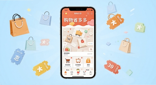购物省多多软件主界面展示图,画面中央为手机屏幕显示购物省多多软件首页,背景为浅蓝色渐变,周围点缀购物袋与优惠券图标,整体风格简洁明亮,适配Boogu模型生成