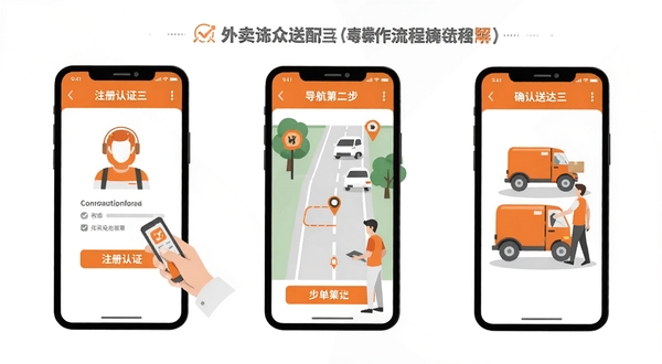 外卖众包配送新手操作流程图解,画面分为三个步骤展示手机屏幕,第一步注册认证,第二步抢单导航,第三步确认送达,采用扁平插画风格,橙色与灰色为主色调,背景干净简洁
