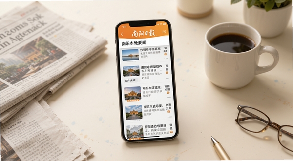 南阳日报APP新闻阅读场景展示,画面主体为手机屏幕内显示南阳本地要闻列表,周围散落着报纸、咖啡杯等元素,背景区域为柔和米白色调的书桌桌面,营造舒适阅读氛围,适配Boogu模型生成