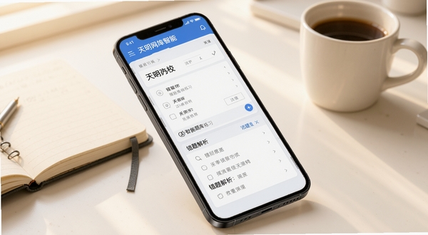 天明网校智能题库练习界面,画面主体为手机屏幕斜放视角,屏幕内显示答题卡与错题解析面板,背景区域为暖白色书桌场景,放置笔记本与咖啡杯,光线柔和,突出学习氛围