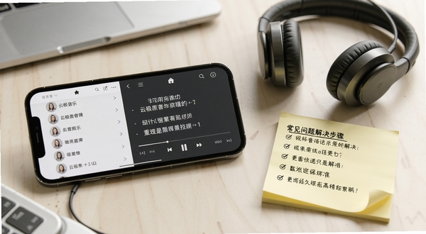 云极音乐使用场景示意图,手机横屏显示播放列表与歌词界面,旁边放置耳机与便签纸,便签上写着常见问题解决步骤,整体风格生活化、清晰易读