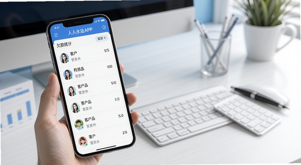 ����ˮվAPP�ͻ�������Ƿ����˽��棬����չʾ�ֻ���Ļ�ϵĿͻ������б���Ƿ��ͳ��ͼ��������Ϊ���İ칫���滷����ɫ��������Ϊ����ͻ�����ݹ�������