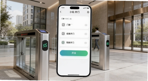 小石开门软件主界面展示,画面中央是一部智能手机屏幕,屏幕内显示小石开门应用首页,包含门禁列表与开门按钮,背景为现代小区门禁闸机与楼宇大堂环境,光线明亮柔和,整体风格简洁科技感,适配Boogu模型生成