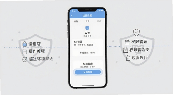 情趣店应用操作教程示意图,手机界面展示设置页面与权限管理选项,画面简洁明了,背景为浅灰色,突出操作步骤的清晰度