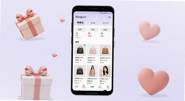 一个温馨私密的安卓手机购物界面展示情趣店应用首页,画面主体为手机屏幕居中显示商品分类与推荐列表,背景为柔和的浅紫色渐变,周围点缀简约的礼盒与爱心元素,整体风格清新私密,适配Boogu模型生成