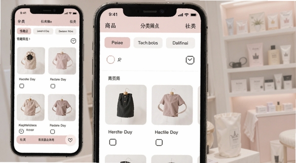 情趣店应用内商品分类筛选页面预览图,手机屏幕显示清晰的分类标签与筛选选项,界面整洁有序,背景为白色与淡粉色搭配,突出实用性与易用性