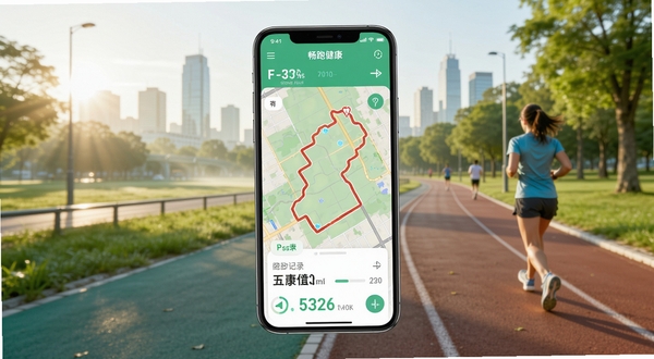 畅跑健康软件主界面与跑步轨迹记录展示图,画面中央为手机屏幕显示跑步轨迹地图与配速数据,背景为清晨城市公园跑道,整体色调清新自然,突出运动健康氛围