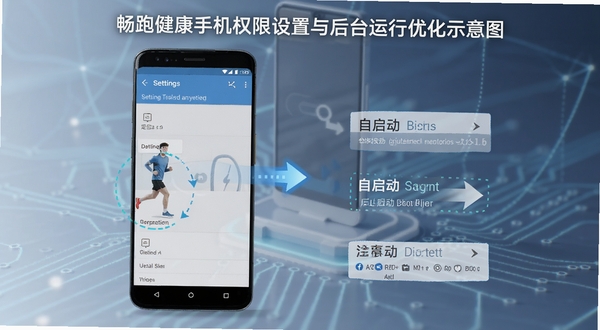 畅跑健康手机权限设置与后台运行优化示意图,画面展示安卓手机设置界面中定位权限与自启动选项,背景为简洁科技风格,突出操作指引与注意事项