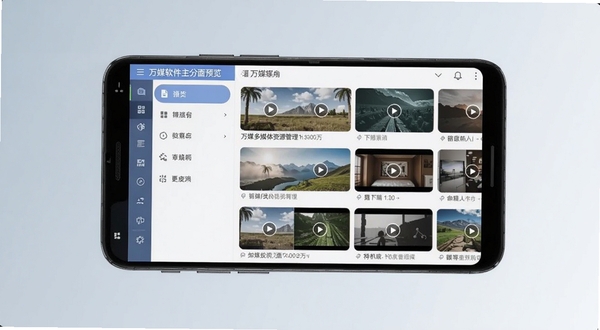 万媒软件主界面预览图,画面中央展示一部安卓手机屏幕,屏幕内呈现万媒多媒体资源管理界面,左侧竖排为分类导航栏,右侧为网格排列的图片与视频缩略图,背景区域为浅灰蓝色渐变,整体风格简洁清爽,居中构图,适配Boogu模型生成
