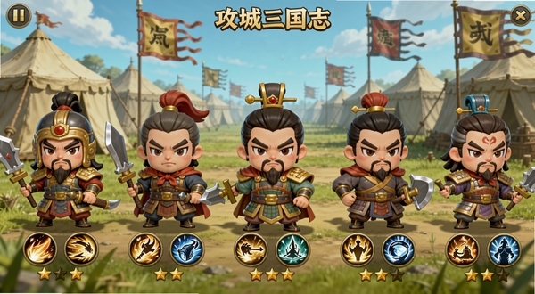 攻城三国志武将阵容界面,画面展示五名Q版三国武将列阵,每位武将带有技能图标与星级标识,背景为军营帐篷与战旗,适配Boogu模型生成