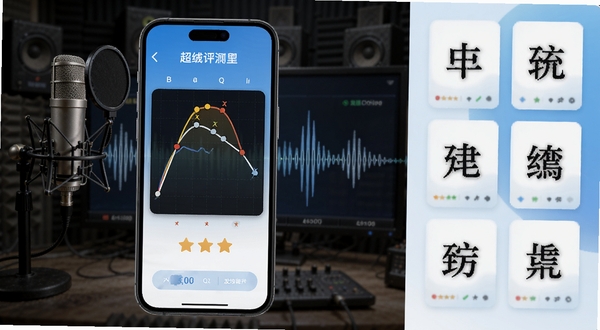 SuperChinese 发音评测功能界面,手机屏幕显示声调曲线对比图和评分星级,背景为录音棚风格,有麦克风和声波可视化元素,画面主体位于中央偏左,右侧留白区域放置汉字卡片,整体色调为蓝白渐变,适配Boogu模型生成