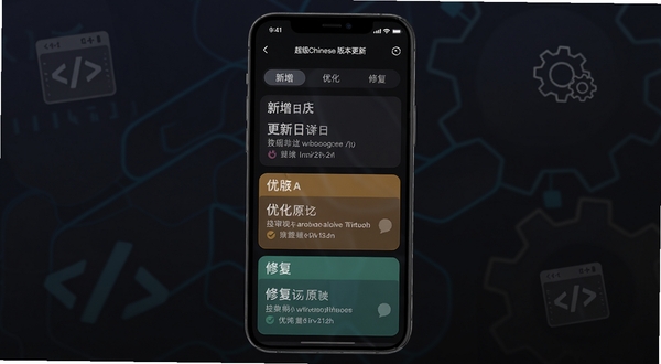 SuperChinese 版本更新界面截图,手机屏幕显示更新日志列表,包含新增、优化、修复三个分类标签,背景为深色模式,有代码和齿轮图标装饰,画面主体为手机居中,背景区域为暗色渐变,适配Boogu模型生成