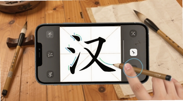 SuperChinese 汉字书写练习界面,手机屏幕展示田字格中汉字笔顺动画,手指触控笔迹轨迹清晰可见,背景为书桌场景,有毛笔和宣纸点缀,画面主体为手机屏幕居中,背景区域为暖色木质桌面,适配Boogu模型生成