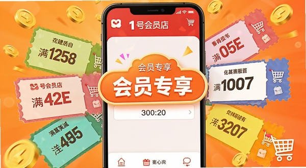 1号会员店手机界面中弹出多张彩色优惠券,背景为暖橙色渐变,券面印有满减数字,周围散落金币与购物车图标,画面中心突出会员专享标签,风格活泼促销感强
