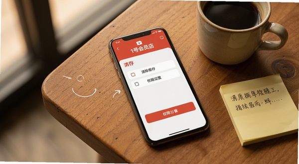 1号会员店应用管理界面,显示清除缓存与权限设置按钮,手机放置在木质桌面上,旁边有一杯咖啡和便签纸,画面色调温暖,突出操作指引感
