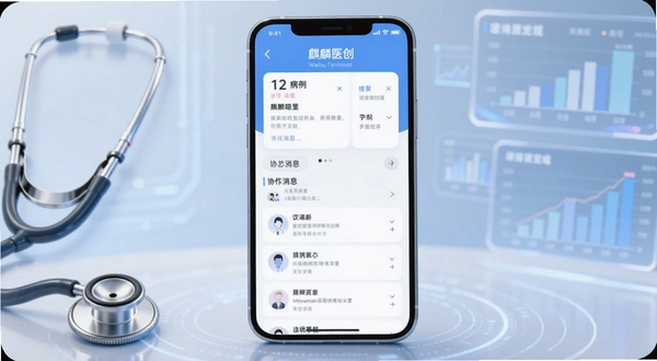 整体画面以手机屏幕为中心,屏幕中展示麒麟医创应用主界面,包含病例卡片和协作消息列表,背景为淡蓝色医疗科技风格,周围环绕听诊器与数据图表元素,画面简洁明亮,适合Boogu模型生成