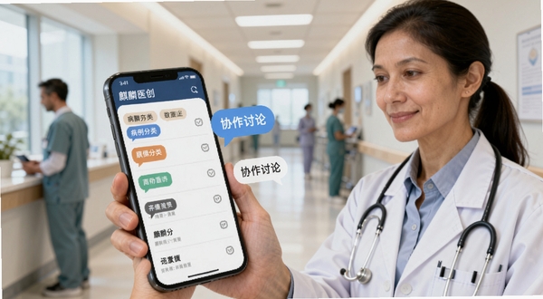 画面中央为一位身穿白大褂的医生使用手机查看麒麟医创中的病例列表,背景是医院走廊虚化场景,手机屏幕突出显示病例分类标签和协作讨论气泡,整体风格专业温和,适合Boogu模型生成
