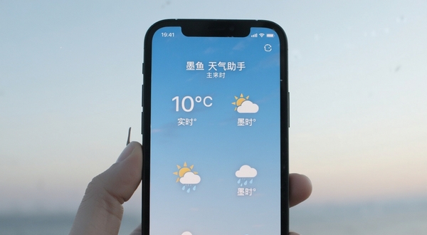 墨鱼天气助手 主界面展示 手机屏幕内显示实时温度与晴雨图标 背景为淡蓝色渐变天空 干净简约的UI设计 居中构图
