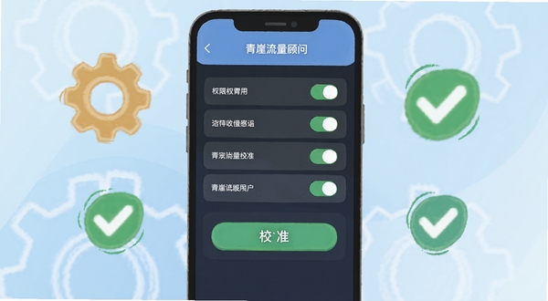 ���������������ý����ͼ���廭������չʾ�ֻ���Ļ�е�Ȩ�޿����б���У׼��ť������Ϊ��͵�ǳ��ɫ���䣬��Χ��׺������Թ�ͼ�꣬ͻ��������У׼����