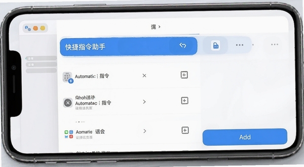 快捷指令助手 软件主界面截图 展示自动化指令列表与添加按钮 扁平化设计风格 蓝白配色 手机屏幕展示