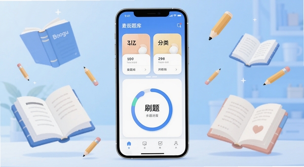 麦街题库应用主界面全貌展示,画面中央为手机屏幕正视图,屏幕内呈现题库分类卡片与刷题进度环,背景为浅蓝色渐变学习场景,周围漂浮书本与铅笔元素,整体风格清爽扁平化,适配Boogu模型生成